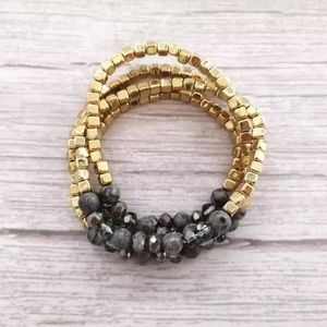 Boho stacking layering bracelet set of 4 in natural gray stone & gold beads NEW